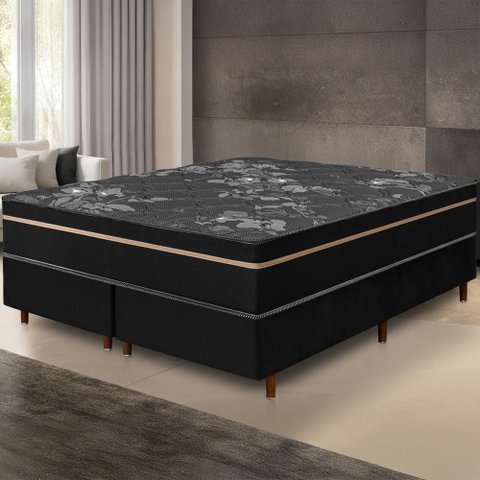 Cama Box Preta + Colchão Queen Size Bariloche Preto Molas Ensacadas One Face 158x198x63cm
