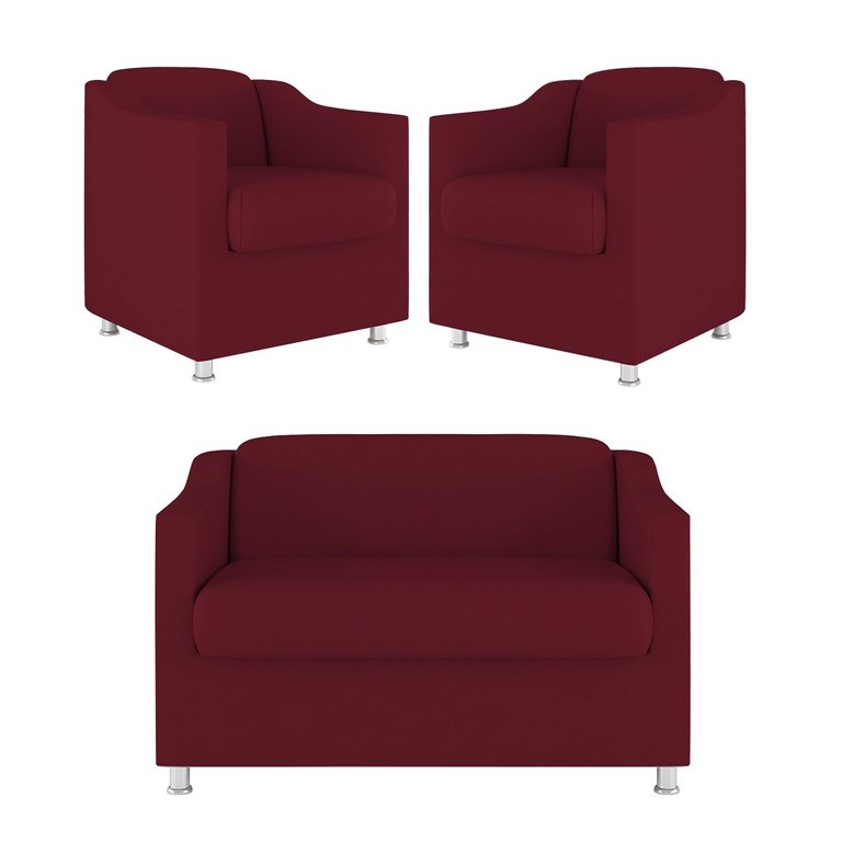 Kit Sofá Namoradeira + 02 Poltrona Tilla Recepção Sala Suede Cor:Marsala