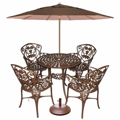 Conjunto de Mesa Jardim e Piscina 4 Cadeira Aluminio Fundido Marrom