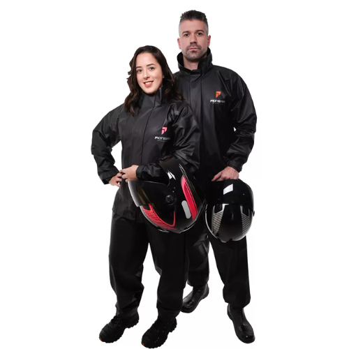 Capa Roupa Chuva Pvc Preta Moto Motoqueiro Forrada com Gola Pioneira Combate Gola