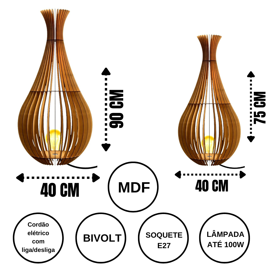 Abajur Grande de Chão GOTAS DE ORVALHO MDF Luminária -:Marrom/Kit com 2 - 90x40cm e 75x40cm - 4
