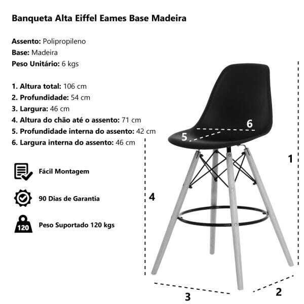 Kit 2 Banquetas Alta Eiffel Eames Preta Base Madeira Cozinha Bar Bistrô Bancada - 6