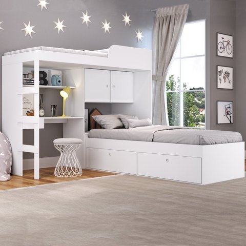 Conjunto Cama de Solteiro com Baú e Cama Alta Lion com Escada e Escrivaninha Branco Cj038 Art In Móv