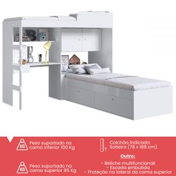 Conjunto Cama de Solteiro com Baú e Cama Alta Lion com Escada e Escrivaninha Branco Cj038 Art In Móv - 2