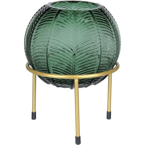 Vaso Decorativo Enfeite Planta Folhas com Suporte Metal Vidro 21x15x15cm Verde