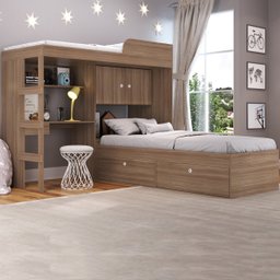 Conjunto Cama de Solteiro com Baú e Cama Alta Lion com Escada e Escrivaninha Montana Cj038 Art In Mó - 1