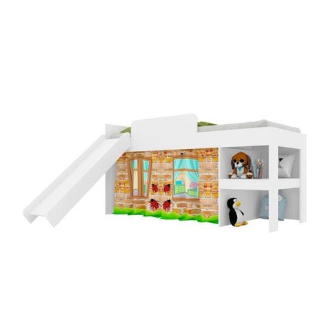 Conjunto Cama Infantil 88cm com Escorregador e Baú 2pc Branco Cj039 Meu Fofinho