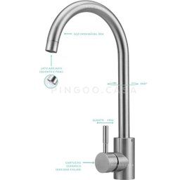 Torneira para cozinha Misturador Monocomando em Aço Inox Escovado Tocantins Pingoo.casa - Prata - 5