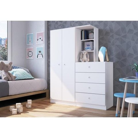 Guarda Roupa Infantil 2 Portas 110,6cm com Cômoda 4 Gavetas Cor:branco