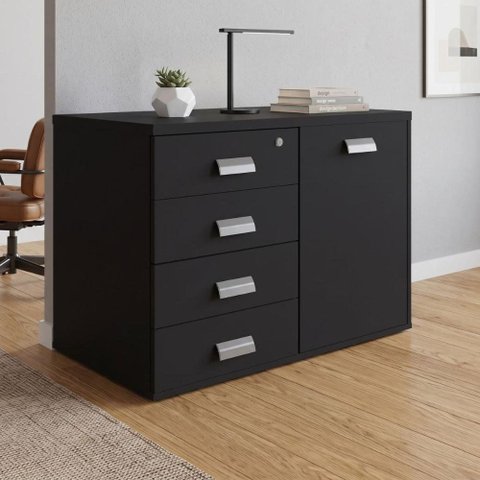 Armário Baixo 1 Porta Lado Direito e 4 Gavetas Esquerdo com Chave 90cm x 50cm Cor:Preto
