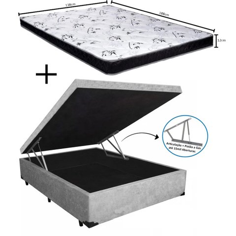 Cama Box Baú Casal Conforto Suede Cinza + Colchão Casal Conforto Espuma D33 Com EPS 16x138x188