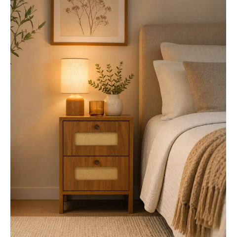 Mesa de Cabeceira Madeira 100% MDF, 2 Gavetas, Detalhe em Palhinha, Puxador Madeira