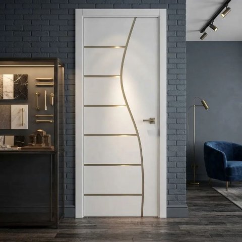 Porta de Madeira Moderna Pinus e MDF com Frisos:Branco