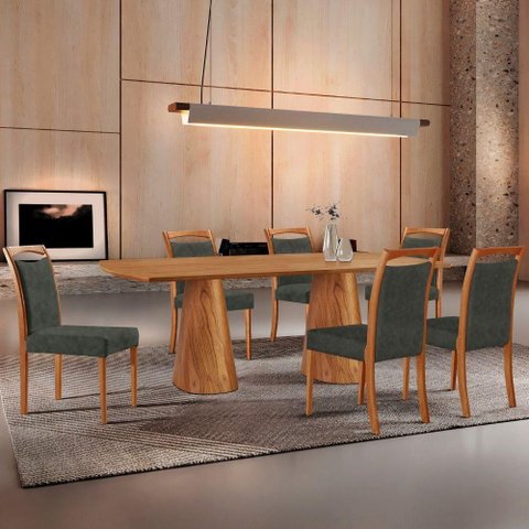 Mesa Noronha 180cm Tampo Laminado Barril com 6 Cadeiras Livi Jade Imbuia Natural