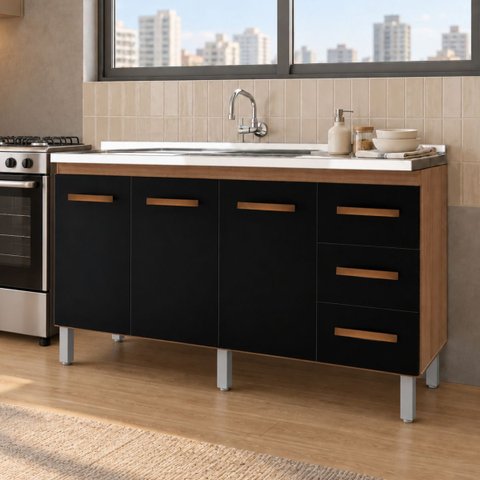 Balcão Cozinha sem Tampo 150cm Gabinete 3 Portas 3 Gav Preto
