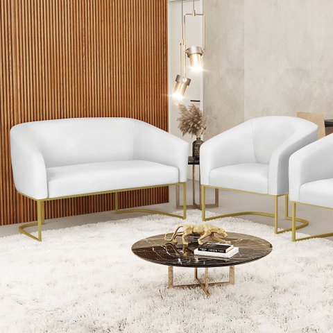 Sofá Namoradeira e 1 Poltrona Stella Industrial Dourado Sintético D03 - D’Rossi