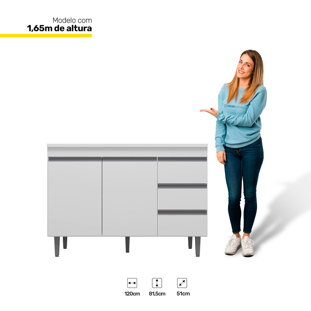 Balcão Gabinete Cozinha Andréia 120cm Com Tampo 2 Portas Branco - Desk Design - 5