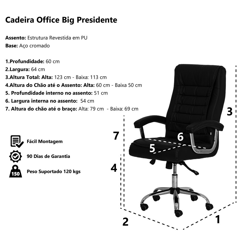 Cadeira de Escritório Big Presidente Pu Preta Base Giratória Cromada Altura Ajustável - 5