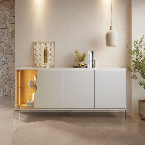 Buffet Aparador Sala de Jantar 182cm Pés Metálicos Sofy Off White/Freijo C04 - D'Rossi
