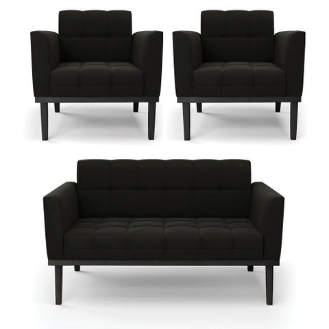 Sofá Namoradeira e 2 Poltronas Base de Madeira Preto Elisa Suede D03 - D'Rossi Cor Preto