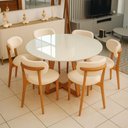 Ver imagem 1 de Mesa de Jantar Redonda 6 Lugares Tampo Vidro MDF Madeira Natural Off White com Mel e Linho Cru 135cm