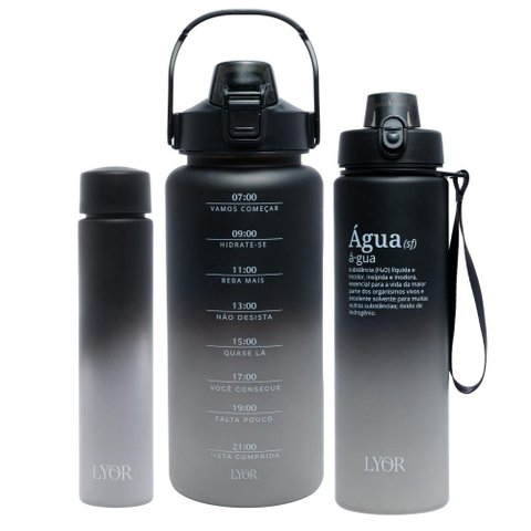 3 Garrafas Squeeze Lyor Preto Degradê de Policarbonato