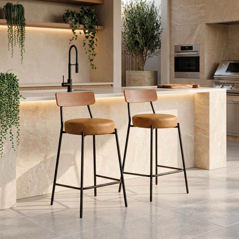 Banqueta Cozinha Média Encosto Castanho KIT2 Industrial Preto Londrina PU D03 - D'Rossi