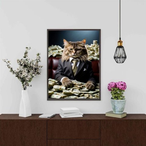 Quadro Decorativo Gato Rico 45x34cm - com Vidro:moldura Branca