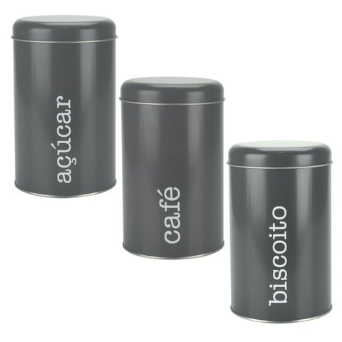 Kit 3 Latas Metal Porta Mantimentos Biscoito, Café e Açúcar