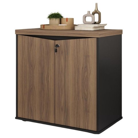 Balcão para Escritório com Chave Multiuso 2 Portas Unik A02 Nogal Preto - Lyam Decor