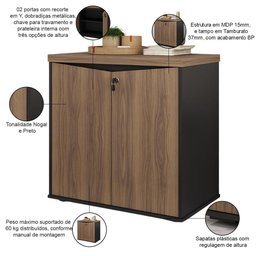 Balcão para Escritório com Chave Multiuso 2 Portas Unik A02 Nogal Preto - Lyam Decor - 3