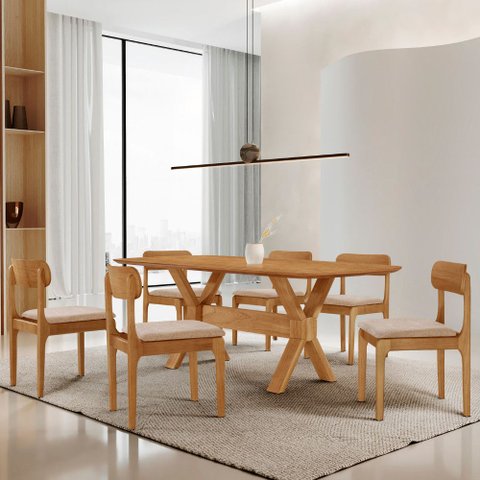Sala de Jantar Mesa Star, 180cm Tampo Laminado Barril e 6 Cadeiras Moderna Mobilia