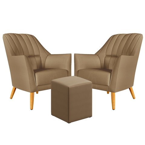 Kit 2 Poltronas Orion Bordada com Puff Izar Suede Capuccino Aradecor
