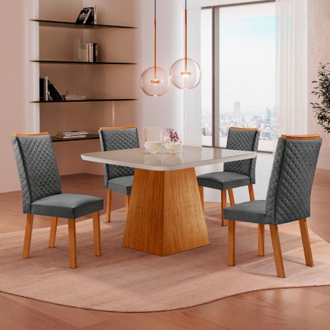 Mesa de Jantar Aida 90 cm Tampo MDF Vidro Canto Copo com 4 Cadeiras Lira