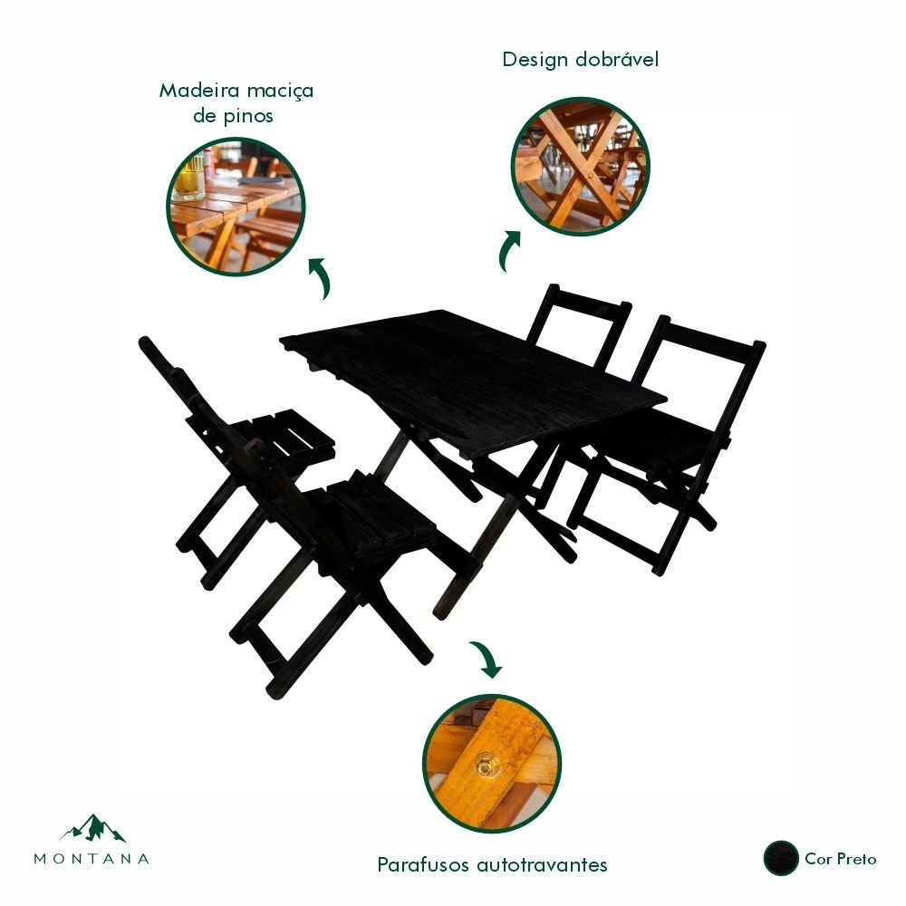 Conjunto de Mesa Dobrável 120x70 com 4 Cadeiras de Madeira Maciça Pretas para Restaurantes e Eventos - 4