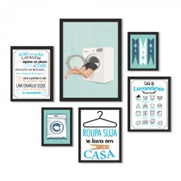 Kit 6 Quadros Lavanderia Divertida:moldura Preta - 1