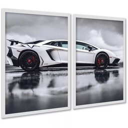 Kit 2 Quadros Decorativos Carro de Luxo Esportivo 24x18cm - com Vidro:moldura Branca - 1
