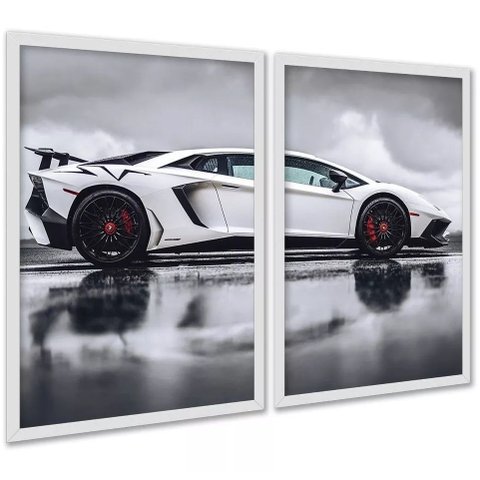 Kit 2 Quadros Decorativos Carro de Luxo Esportivo 24x18cm - com Vidro:moldura Branca