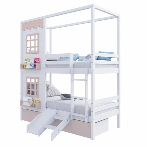 Beliche Infantil Casinha Reta 02 Janelas 02 Gavetas Rosa e Escorregador Madeira Maciça Branco/ Rosa