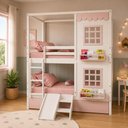 Ver imagem 3 de Beliche Infantil Casinha Reta 02 Janelas 02 Gavetas Rosa e Escorregador Madeira Maciça Branco/ Rosa