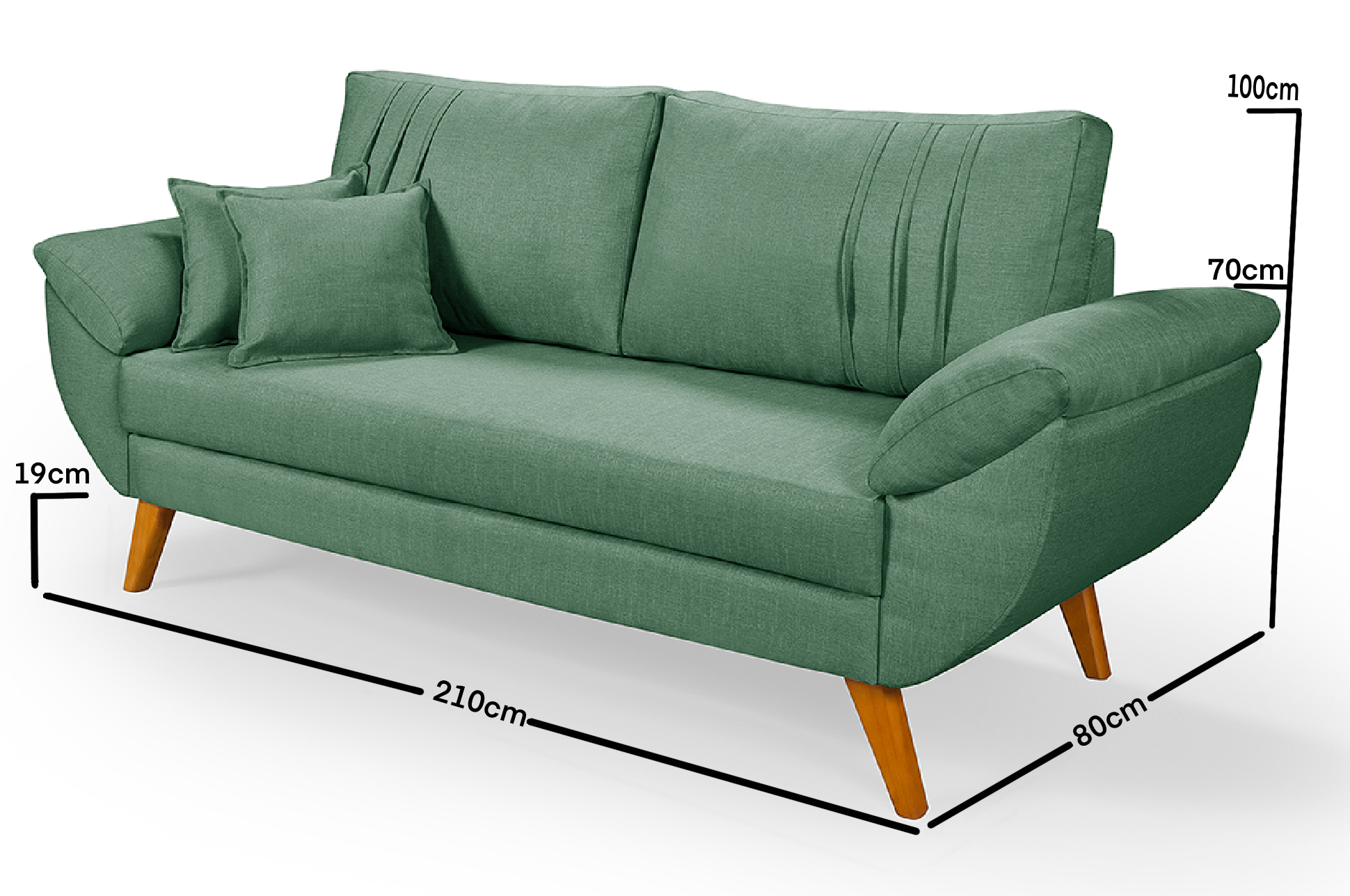 Sofa Retro 3 Lugares Linho Almofadas Soltas Pes em Madeira: Verde - 5