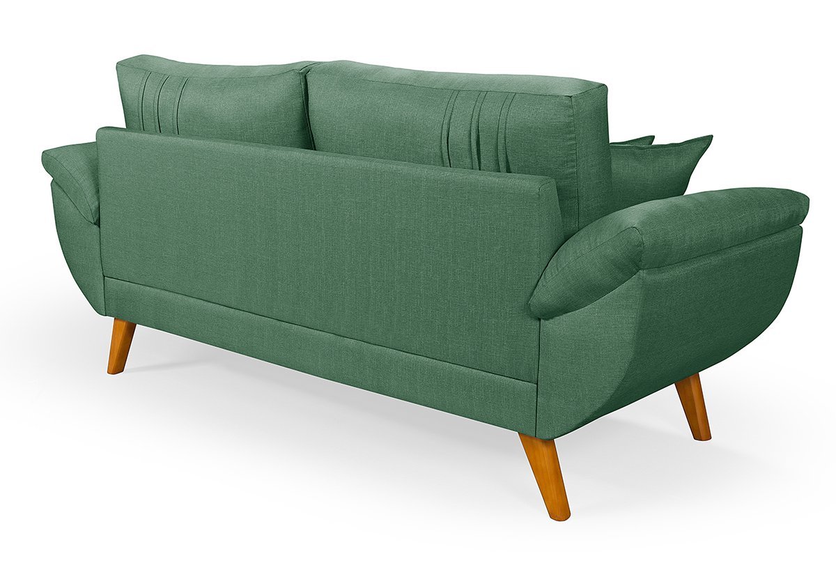 Sofa Retro 3 Lugares Linho Almofadas Soltas Pes em Madeira: Verde - 4