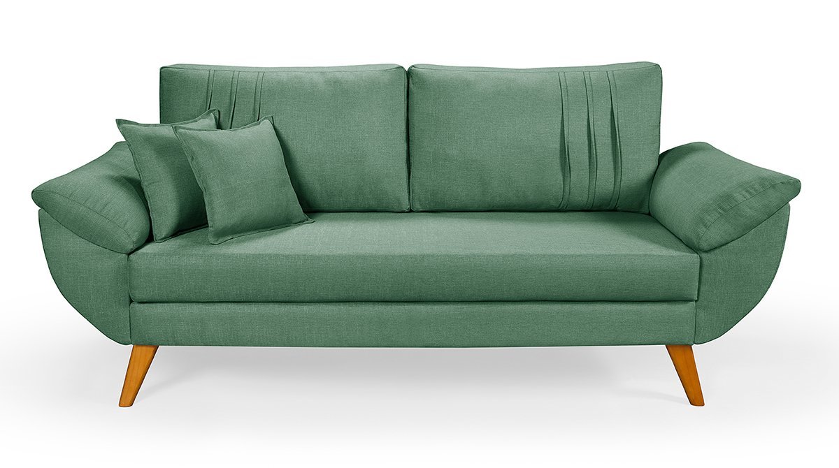 Sofa Retro 3 Lugares Linho Almofadas Soltas Pes em Madeira: Verde - 3