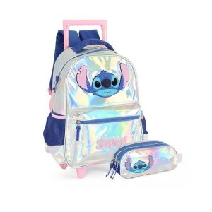 Kit Mochila de Rodinhas + Estojo Stitch Holografica Luxcel