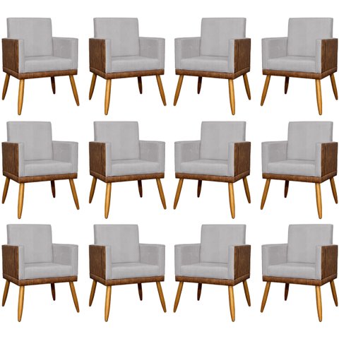 Kit 12 Poltronas Decorativas Lis Corino e Linho Cores Pé Palito 30 Cm Castanho