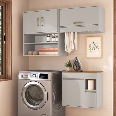 Área de Serviço Modulada 3 Peças com Varal para Roupas e Balcão Assis Cor Arenas