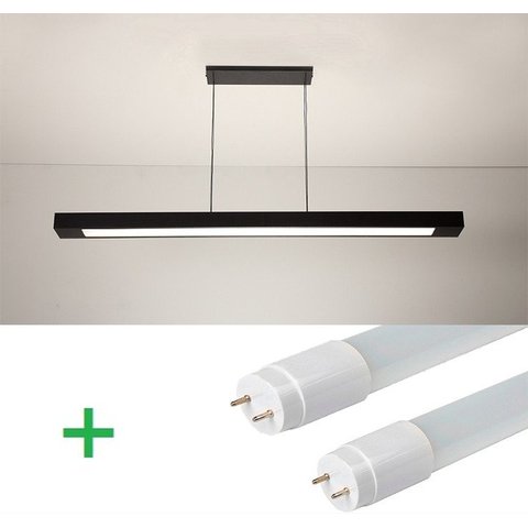 Luminária Pendente Retangular 125cm Preto + 2 Lâmpada TuboLED 18w - Branco Quente 3000k