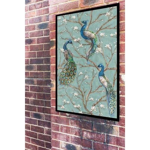 Quadro Decorativo Pavões na Árvore - 70x50cm:moldura Preta
