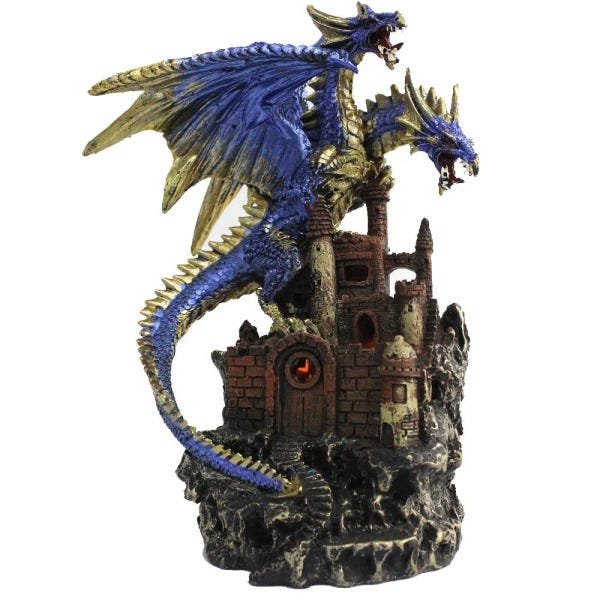 Enfeite Decorativo - Dragão no Castelo - Azul - Com Luzes - Lextack LXTPW1707071