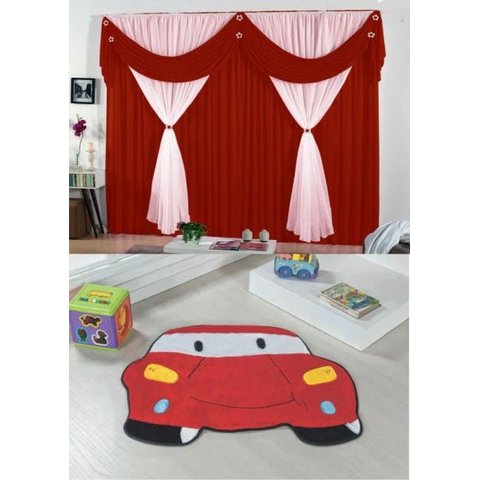 Kit Decoração para Quarto de Menino = Cortina Malha Jessica + Tapete Pelucia Carro Vermelho